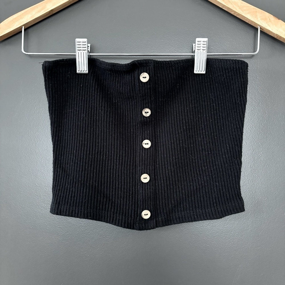 Black Buttoned Ribbed Tube Top Crop Sleeveless Top Size Small